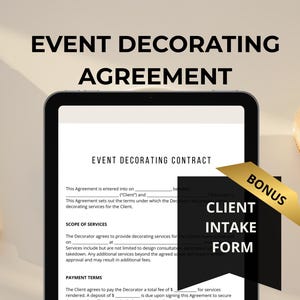 Könnte beinhalten: Ein digitales Tablet zeigt einen Event-Dekorationsvertrag mit dem Text „Event-Dekorationsvereinbarung“. Ein goldener Stift und eine dekorative Rolle befinden sich an der Seite. Ein Bonus-Kundenaufnahmeformular ist ebenfalls enthalten.