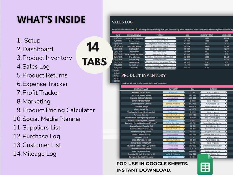 Spreadsheet setup page showing easy plug-and-play fields and prefilled examples for quick start — simple setup for resellers.