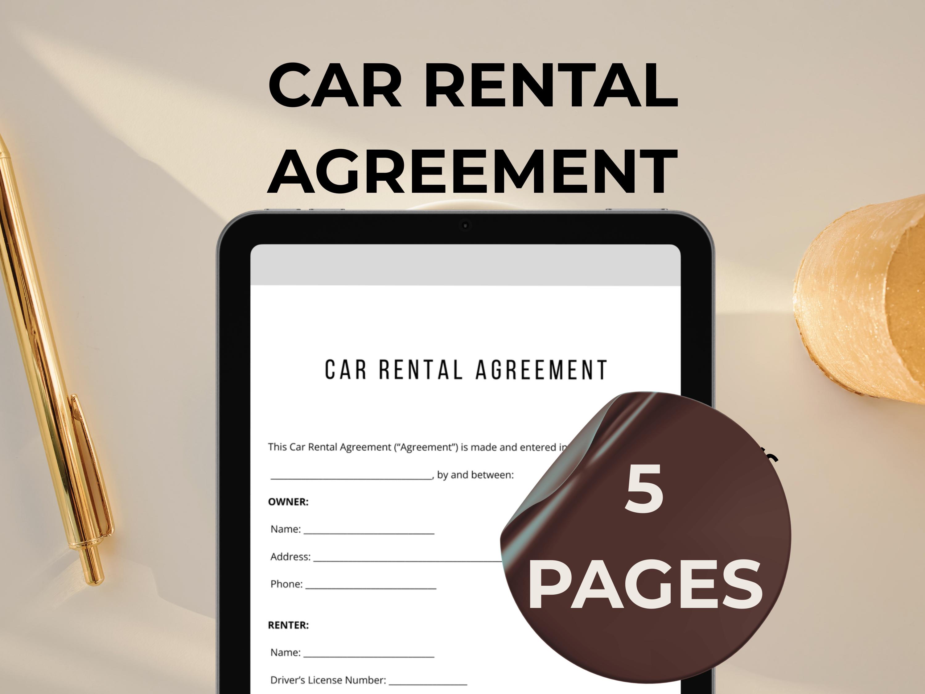 Car Rental Agreement Template, Editable Car Rental Contract, Printable ...