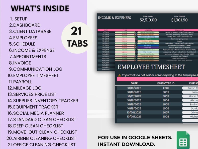 All-in-one cleaning service management spreadsheet for small business owners.