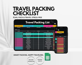 Verpackungsvorlage, bearbeitbare Reisevorlage, Packliste und Reiseplaner, digitaler Reise- und Urlaubsplaner, Google Sheets Dark Mode