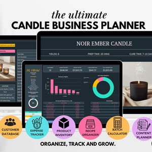 May include: A digital candle business planner displayed on multiple screens. The screens show data, charts, and candle information. The text "the ultimate CANDLE BUSINESS PLANNER" is at the top. Icons for customer database, expense tracker, product inventory, recipe organizer, batch calculator, and content planner are at the bottom.