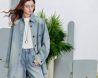 Chaqueta vaquera de algodón puro: abrigo de otoño de longitud media-larga