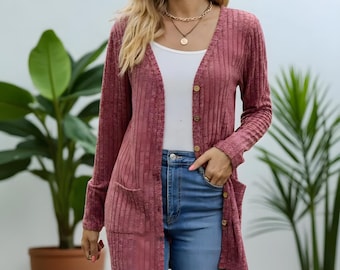 Manteau cardigan en tricot mi-long pour femme – Pull droit avec poches pour l'automne et l'hiver