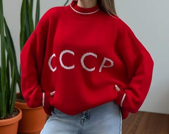 Women’s Red Printed Oversized Sweater – Long Sleeve O-Neck Knitted Pullover Autumn Winter Fashion