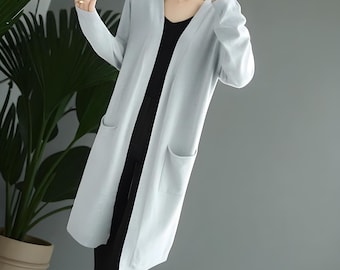 Cardigan lungo da donna in misto lana e cashmere – Maglione aperto sul davanti con scollo a V e tasche rifinite