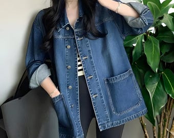 Kurz Jeansjacke: Damen Washed Blue Loose Fit Streetwear