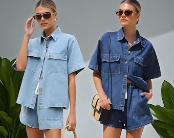 Women’s 2 Piece Denim Set – Short Sleeve Jacket Shirt & High Waist Shorts Outfit
