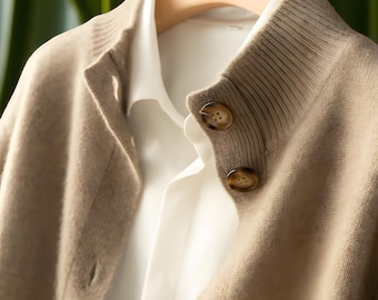 Women’s 100% Wool Cashmere Sweater – Half High Neck Warm Knitted Cardigan for Autumn & Winter