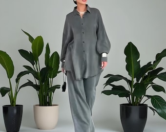 Denim Pants Set: Button-Down Jacket & Wide Leg Trousers - Autumn Style
