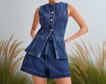 Denim Vest and Wide Leg Shorts Set: Y2K Summer Outfit