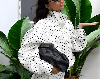 Polka Dot Shorts Set: Stand Collar Jacket, High Waist - Autumn Fashion
