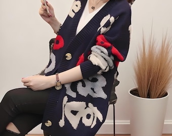 Cardigan ample en maille à col en V pour femmes - Pull droit mi-long pour l'automne et l'hiver