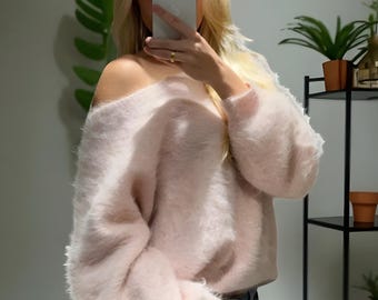 Damski sweter z moheru z odkrytymi ramionami – seksowny, luźny sweter z długim rękawem, jesienny, swobodny sweter