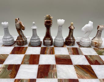 Juego de ajedrez de mármol de 15" / Juego de mesa hecho a mano de mármol blanco y ónix verde / Regalo de ajedrez de lujo con caja de regalo, juego de ajedrez de piedra