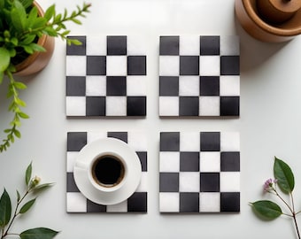 Juego de 4 posavasos de mármol a cuadros, posavasos a cuadros blancos y negros, posavasos cuadrados para bebidas,