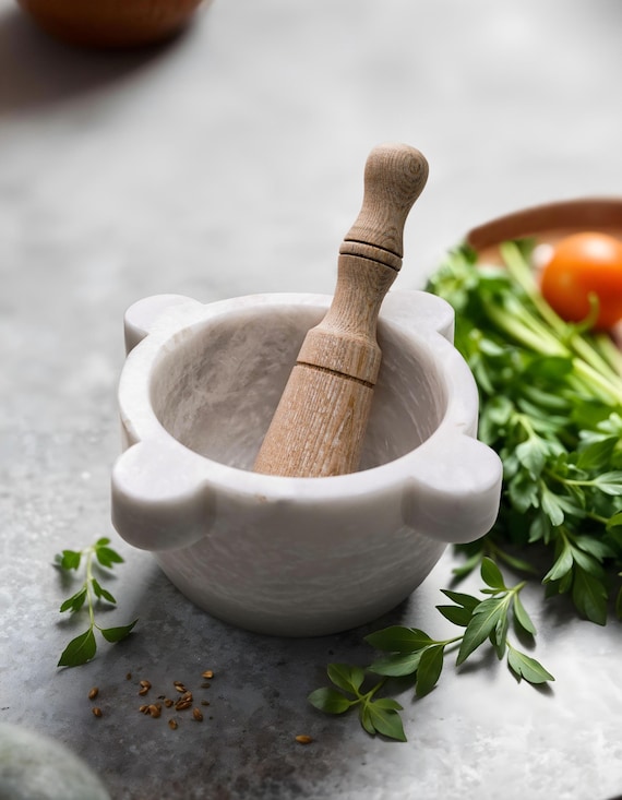 White Marble Mortar and Pestle Set with Wooden Pestle | 4x6 Italian Design | Vintage Kitchen Decor, Spice and Herb Grinding Tool