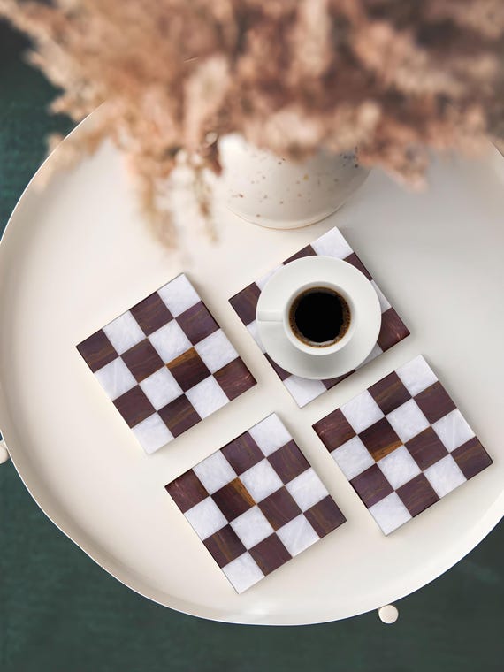 Red Onyx & White Marble Checkered Coaster Set of 4, Stone Coasters, Unique Serveware Decor