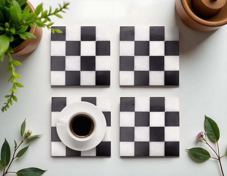 Juego de 4 posavasos a cuadros de ónix rojo y mármol blanco, posavasos de piedra, decoración única para servir. imagen 5