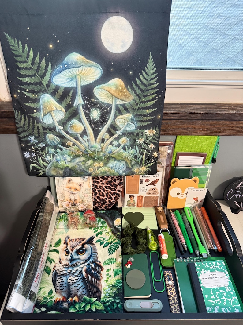 Peut inclure: Une collection d'articles de papeterie et de loisirs cr&eacute;atifs comprenant une tenture murale avec une for&ecirc;t de champignons au clair de lune, un carnet illustr&eacute; d'un hibou, des stylos verts, un mini cahier, une pochette l&eacute;opard et divers accessoires.