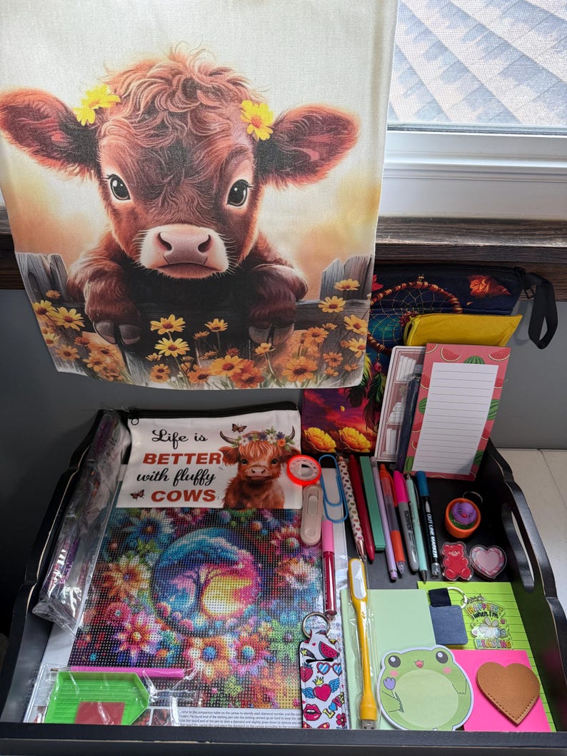 Peut inclure: Un ensemble de fournitures de loisirs cr&eacute;atifs comprenant un kit de broderie diamant avec un arbre floral, une trousse avec le texte Life is BETTER with fluffy COWS, des stylos, un plateau vert, un autocollant grenouille et une banni&egrave;re en tissu.