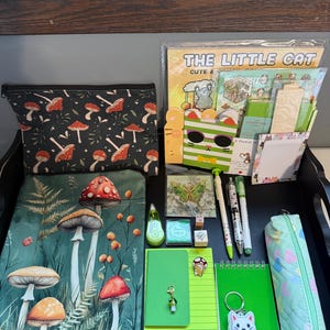 Peut inclure: Une collection d'articles de papeterie comprenant une pochette &agrave; motifs de champignons, un carnet vert, une trousse bleu clair, divers stylos, un porte-cl&eacute;s chat, un autocollant papillon et un bloc-notes intitul&eacute; The Little Cat avec des dessins.