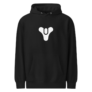 May include: Black hooded sweatshirt with a white graphic on the front. The graphic is a stylized, abstract shape. The sweatshirt has a kangaroo pocket and a drawstring hood. The material appears to be a soft, comfortable fabric.