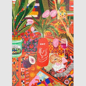 May include: A colorful jigsaw puzzle featuring a vibrant still life scene. The image includes a red hot sauce bottle with a rooster illustration, a glass of red wine, and various fruits and plants. The puzzle has a variety of patterns and colors.