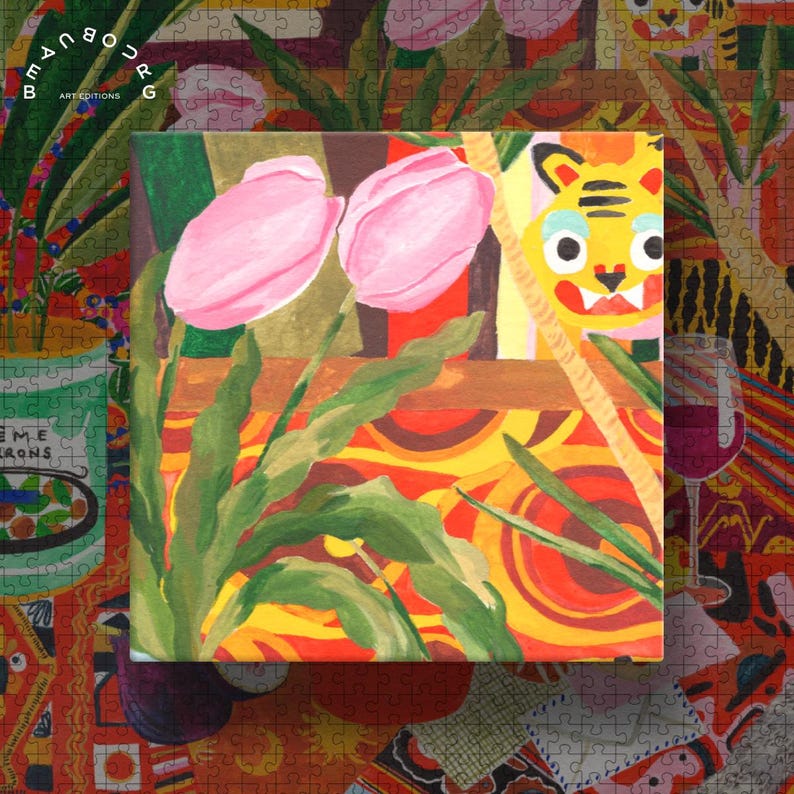May include: A square jigsaw puzzle featuring a painting of two pink tulips with green leaves. The painting has a colorful background with a tiger face and a glass of red wine. The puzzle pieces are visible around the edges.