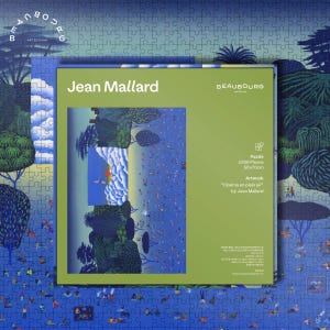 May include: A 1000-piece jigsaw puzzle featuring artwork by Jean Mallard titled "Cinéma en plein air." The puzzle box is green with the artist's name and the brand "BEAUBOURG" displayed. The puzzle measures 50x70cm.