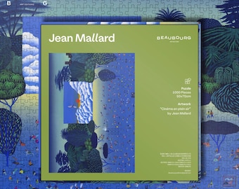 May include: A 1000-piece jigsaw puzzle featuring artwork by Jean Mallard titled "Cinéma en plein air." The puzzle box is green with the artist's name and the brand "BEAUBOURG" displayed. The puzzle measures 50x70cm.