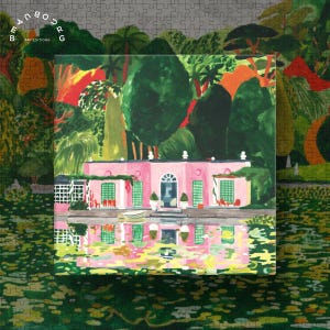 May include: A completed jigsaw puzzle featuring a pink building with green shutters and a reflection in the water. The puzzle has a colorful illustration of a garden scene with trees and a pond. The puzzle is surrounded by a gray puzzle border with the text "BEAUBOURG ART EDITIONS".