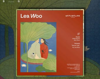 May include: A puzzle box with a red background featuring the text "Lea Woo" and "BEAUBOURG". The puzzle is 1000 pieces and measures 50x70cm. The artwork is titled "Secret Talk" by Lea Woo. The image on the box depicts two figures under a large green leaf.