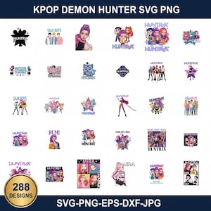 May include: A selection of KPOP Demon Hunter SVG and PNG designs. The image showcases various graphic designs with the text "HUNTRX", "SAJA BOYS", and "MIRA". The designs include illustrations of people and cartoon characters. The image also includes the text "288 DESIGNS".