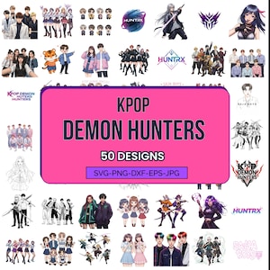 Puede incluir: Una colección de diseños de KPOP Demon Hunters, con diversas ilustraciones de personajes y grupos. La imagen incluye el texto "KPOP DEMON HUNTERS" y "50 DESIGNS" en un rectángulo rosa, junto con opciones de formato de archivo.