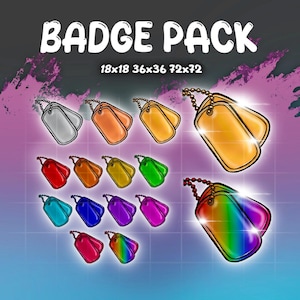 Puede incluir: Colección de insignias coloridas estilo placa de identificación, cada una con una cadena. El texto "BADGE PACK" se muestra en la parte superior, con especificaciones de tamaño debajo. Las insignias vienen en varios colores, incluyendo plata, naranja, amarillo, rojo, verde, azul, morado, rosa y un degradado arcoíris.