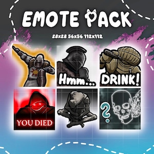 Puede incluir: Imagen de un paquete de emoticonos de arte digital con seis emoticonos diferentes. Los emoticonos incluyen un caballero, una figura con el texto "Hmm...", una criatura con el texto "DRINK!", una figura con el texto "YOU DIED", una figura sentada y una calavera con un signo de interrogación.