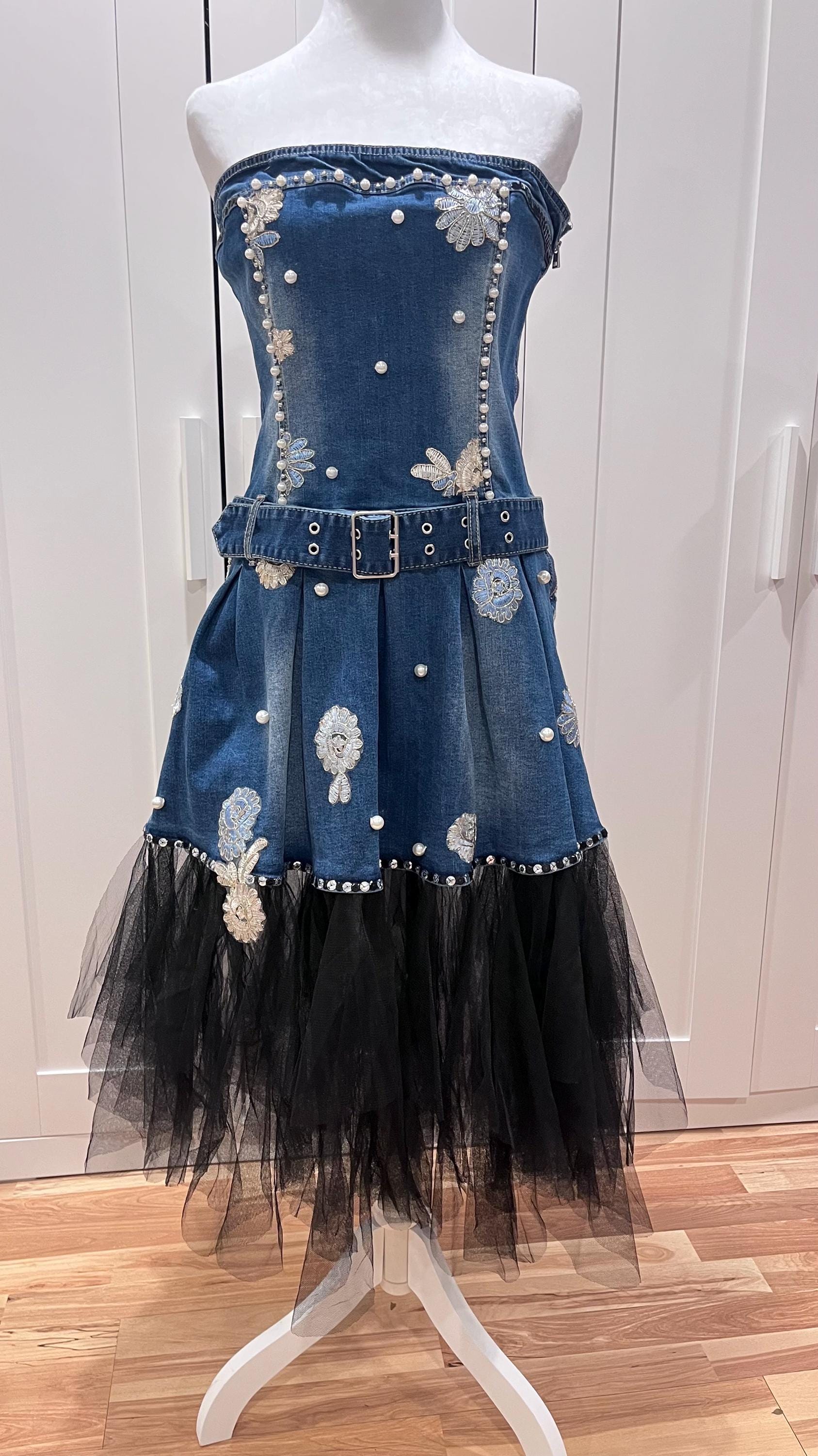 riu Rちゃん Tulle docking denim dress インディゴ Indigo & Lace Denim Dress/Skirt M Blue Convertible/Versatile