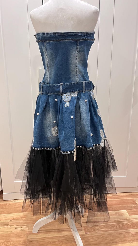 denim and pearls dress Upcycled with Pearls, Floral Embroidery & Tulle Skirt Sosandar Bright Blue Short Color:JADE/TURQUOISE Style-Color-Dim:AD3D106687_AA350_M Denim Mini DressStraplessV