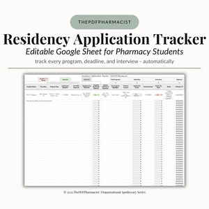 May include: A digital Google Sheet titled "Residency Application Tracker" for pharmacy students. The sheet is designed to track programs, deadlines, and interviews. The text "THEPDFPHARMACIST" is at the top. The sheet is on a cream background.
