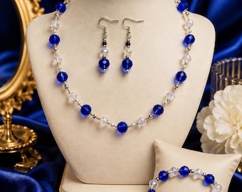 Handmade Royal Blue Crystal Jewelry Set, Necklace Bracelet Earrings, Silver Accents