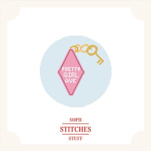 May include: A pixelated design featuring a pink diamond-shaped tag with the text "PRETTY GIRL AVE" attached to a gold key. The design is set against a light blue circle, with the words "STITCHES STUFF" below.