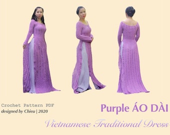 PDF Purple Áo Dài Dress Crochet Pattern, Pants sewing Tutorial, Instant Download