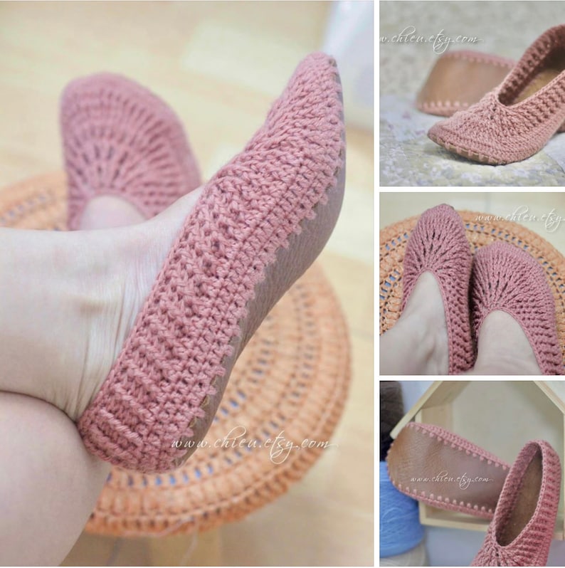 PDF Dusty Pink SLIPPERS Pattern, Leather pads crochet shoes pattern image 1