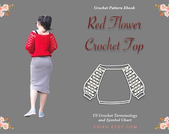 Crochet Pattern Red Flower Sweater, Free size for Women sizes from XS to M