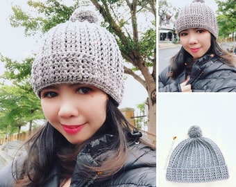 Crochet beanie slouch winter hat twist thick sports fun ski unisex gray pompom