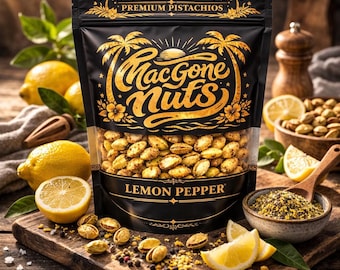 Lemon Pepper Premium Pistachios Gourmet Seasoned Pistachios Small Batch Savory Snack Mac Gone Nuts