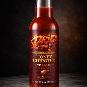 Può includere: Una bottiglia di vetro trasparente piena di salsa rossa, etichettata "DRIP HONEY CHIPOTLE WING SAUCE". L'etichetta presenta testo dorato e rosso con un effetto gocciolante. La bottiglia contiene 296 ml di salsa e ha un tappo nero.