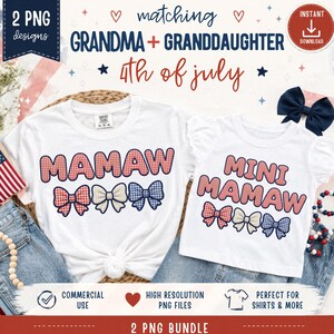 May include: Two white t-shirts with the words "MAMAW" and "MINI MAMAW" in red and blue checkered letters. Below the text are three bows in red, white, and blue. The shirts are part of a 2 PNG bundle.