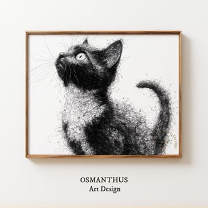 May include: A framed art print featuring a black and white illustration of a kitten looking upwards. The artwork is created with fine lines, giving a textured appearance. The print is in a gold-colored frame. The text "OSMANTHUS Art Design" is at the bottom.